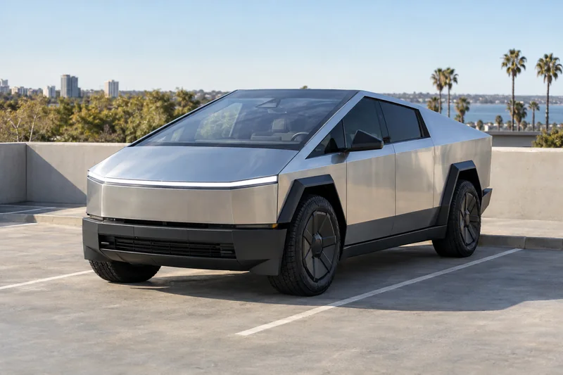 Stainless steel Tesla Cybertruck with tinted windows