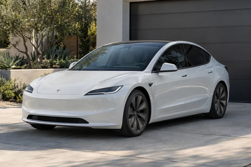 Pearl white Tesla Model 3 with tinted windows on a driveway