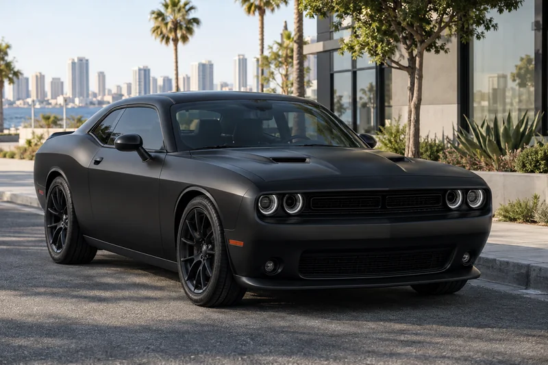 Satin wrapped Dodge Challenger on the street